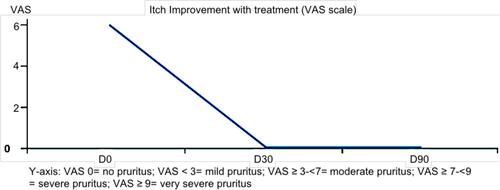 Figure 2 Improvement of itch evaluated by the patient using VAS scale (+) statistically significant (p <0.001).