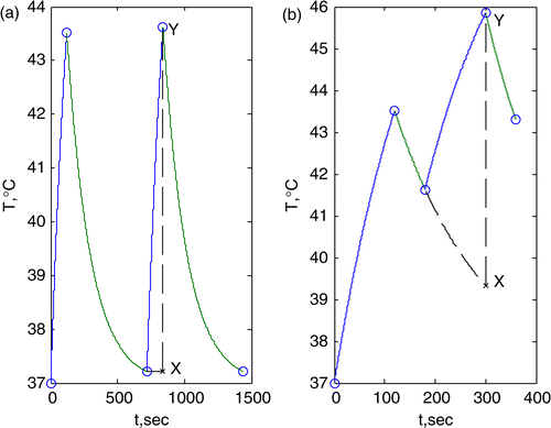 Figure 1. Sketch showing the superposition of a series of heat-up and cool-down processes for a particular point in the heated target. (a) Ideally, heat from the previous settings should almost completely dissipate before the next setting is applied. Images acquired at the time points shown by circles can be subtracted to directly obtain the temperature for each heat setting (denoted by line X-Y for the second heat setting). (b) In reality, due to time limitations, the effect of the previous settings is exponentially decayed. The image corresponding to the second heat setting is denoted by line X-Y.