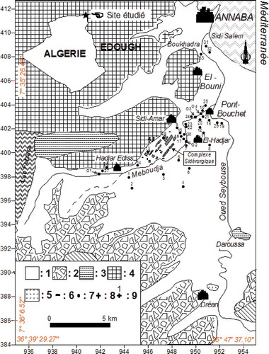 Figure 1. Localisation de la région d’étude: 1: Quaternaire récent (Alluvions récentes), 2: Quaternaire ancien (Hautes terrasses), 3: Argiles et grès du Numidien, 4: Formation métamorphique, 5: Evaporites du Miopliocène 6: Terrils, 7: Prélèvements eau de surface, 8: Prélèvements eau souterraine, 9: Points et numéros utilisés pour calage des modèles et suivi du fer et manganèse.