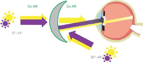 Figure 4 UV transmission is blocked efficiently by most lenses, but AR increases back reflectance of UVR into the eye.
