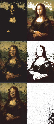 Figure 3. The hybrid swarm intelligence and evil system. The images are recorded after a few n full system iterations. The top set of images show the first recorded image, and the bottom set of images show the final generated image by the hybrid painting system.