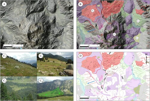 Figure 2. Steps followed during the elaboration of the geomorphological map; (A) combination of hillshade (40% transparent) with orthophotomaps; (B) first draft of the geomorphological map; (C) field validation of the first geomorphological draft with pictures, such as till cover (C1), superficial deformation of till cover at the plateau (C2), peat area (C3), and alluvial fan (C4). (D) final geomorphological map respecting the Main map legend.