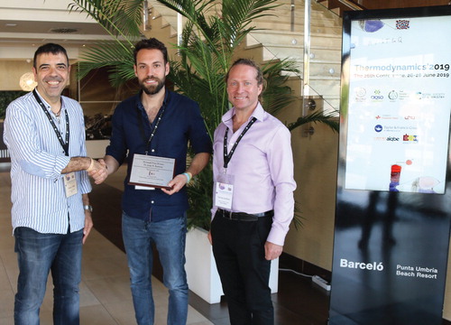 Figure 4. Recipient of the 2019 Christopher Wormald Prize for most meritorious postgraduate research: Jorge R. Espinosa, University of Cambridge, UK (presented by Felipe Blas, Thermodynamics 2019 Conference Chair, and George Jackson, Editor and Chair of Molecular Physics).
