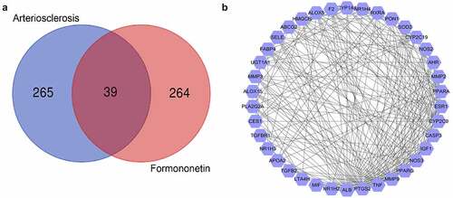 Figure 1. Screening of targets related to atherosclerosis and FMNT. (a) Venn diagram displays 39 overlapping genes between atherosclerosis- and FMNT-related target genes. (b) A PPI network of 39 intersection genes