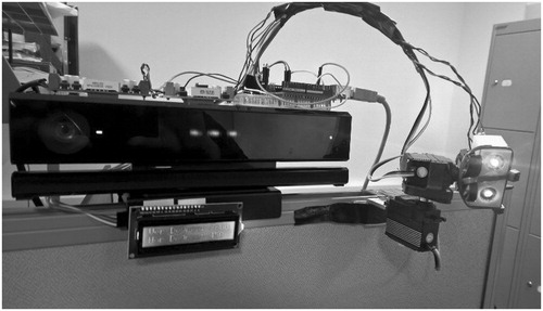 Figure 3. A view of the prototype system. The two servo motors controlling vertical and horizontal movement are on the left of the image (between the Kinect and lasers).