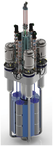 Fig. 6. Three-dimensional rendering of the MARVEL internals showing the control drums (three stacked cylinders), reflectors (blue), and the four Stirling engines (top of reactor); taken from the MARVEL project.