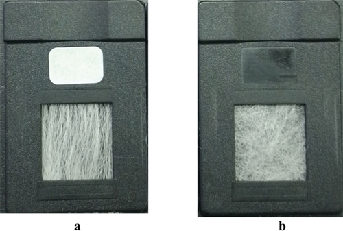 Figure 2. Fibre orientation in FibreLux specimen holder, (a) aligned and parallel with respect to the length of the specimen holder and (b) randomized.