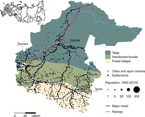 Figure 1. Ecozones (Olson et al. Citation2001), rivers, settlements, and major transport routes in the study area