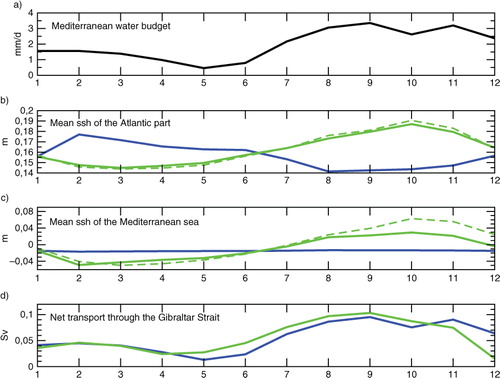 Fig. 3 Seasonal cycle of (a) the Mediterranean water budget, (b) the SSH of the Atlantic part, (c) the SSH of the Mediterranean and (d) the net water transport through the Gibraltar Strait, for two NEMOMED8 2003–2008 simulations, without SSH relaxation (blue), and with SSH relaxation (solid green). The reference NEMOVAR-COMBINE is in dashed green.