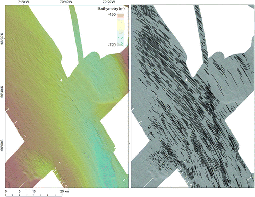 Figure 2. Example of mega-scale glacial lineations (MSGLs) on the outer-shelf of the palaeo-ice stream. The left-hand panel is the relief-shaded image and the right-hand panel shows the mapped landforms (colours are the same as in the main map). The relief-shaded image is x20 exaggeration and is shaded from the NE.