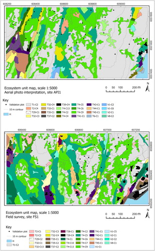 Fig. 3. Ecosystem unit maps for sites API1 and FS1N; with different sites (coordinates WGS 1984 UTM Zone 32N, rotation -5.1 degrees)