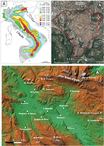 Figure 1. Map of the seismic Hazard of Italy (panel A), showing peak ground accelerations (g) that have a 10% chance of being exceeded in 50 yr (Stucchi et al. Citation2011). The study area is located in central Italy, in a high seismic risk zone. In the panel B, a satellite image of the center of L’Aquila, enclosed within the medieval walls (in red), is shown. In panel C the position of the city surrounded by significant mountain ranges is depicted.