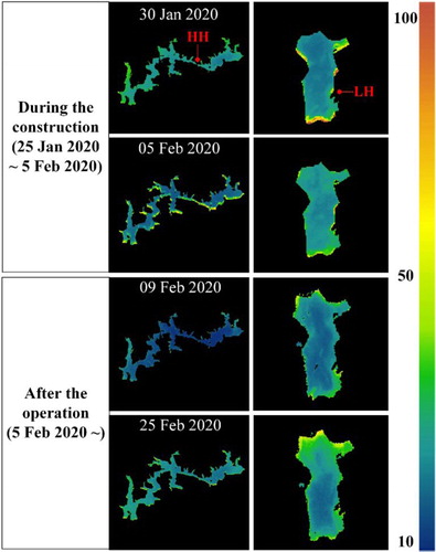 Figure 9. Turbidity variation in Zhiyin Lake and Huangjia Lake during the construction and operation of HH and LH. (Colour online)
