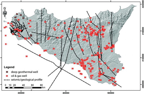 Figure 6. Sicily base map showing the location of wells and the traces of geological cross sections and seismic profiles utilized for the reconstruction of the top of the geothermal reservoir surface.