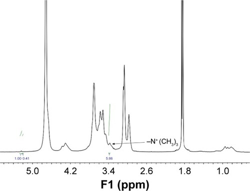 Figure 3 The 1H NMR spectra of synthesized TMC.Note: The typical peak of the N-trimethyl group (–N+ (CH3)3) in the TMC chain was observed at 5.86 ppm (indicated by a black arrow).Abbreviations: TMC, N-trimethyl chitosan; 1H NMR, 1Hydrogen nuclear magnetic resonance spectroscopy.