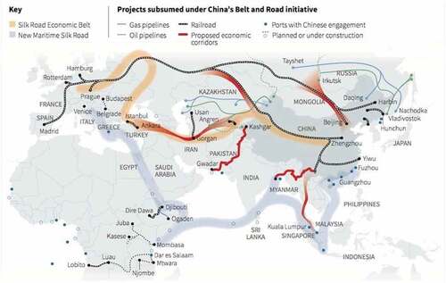 Figure 1. Route of the Silk Road Economic Belt (SREB) and Kazakhstan’s strategic position within the Belt and Road Initiative (BRI).