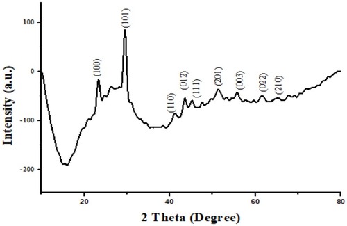 Figure 4 X-ray diffraction pattern of selenium nanoparticles derived from Foeniculum vulgare Mill. seed extract.