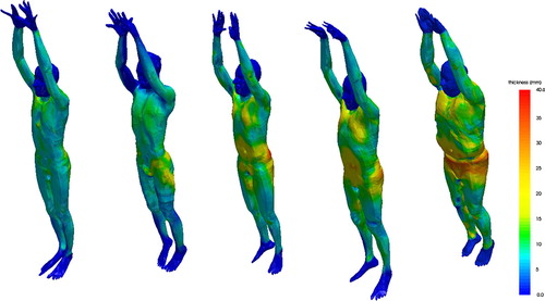 Figure 4. Subcutaneous fat thickness (mm) computed on the vertices of the exterior geometries: (from left to right) MRI data-sets of BMIs 19, 22, 23, 25 and 35.
