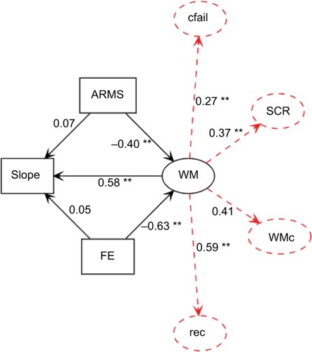 Figure 2 Relationship between ARMS subjects, FE patients, rate of learning (slope), and WM as modeled by means of structural equations (N=263).