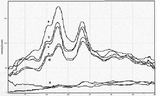 Figure 4 X-ray diffraction of heated buckwheat starch at moisture levels of: a = 15.2%; b = 25.8%; c = 30.3%; d = 40.0%; e = 50.4%.