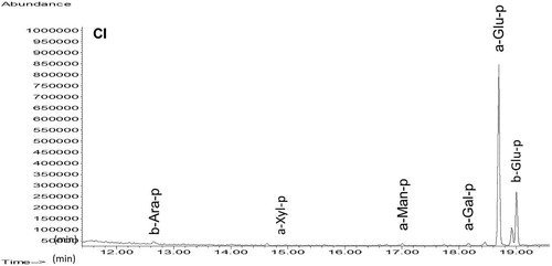 Figure 10. Chromatogram of the paint layer sample from Chichén Itzá (CI). Acronyms as in Figure 5.