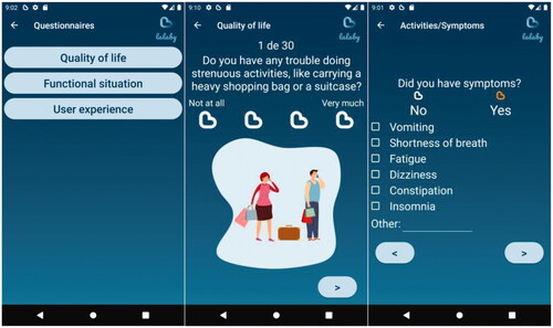 Figure 2. Lalaby app screenshot of the questionnaire menu (left), first question of the EORTC-C30 questionnaire (centre), first question of the ECOG-PS questionnaire (right).
