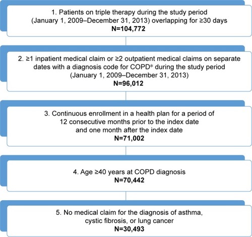 Figure 2 Sample selection for Objective 2 (to describe the demographic and clinical characteristics, and health care resource use of patients with COPD prior to initiation of a triple therapy maintenance regimen [LAMA/LABA/ICS]).