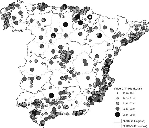 Figure 1. Logarithm of total value of trade for the 633 municipalities.Note: Graduated map with averages for the period 2003–07.Source: Authors’ own elaboration from the Spanish Road Freight Transportation Survey (RFTS) data.