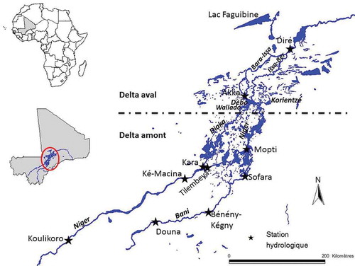 Figure 1. Le delta intérieur du fleuve Niger (Mali). Stations hydrologiques, principaux bras et lacs.