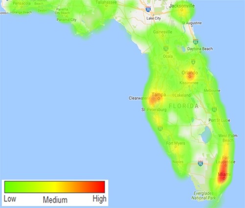Figure 2 Geographic distribution of HCC cases throughout Florida, unadjusted for population density. Regions in red have the highest raw number of HCC cases.