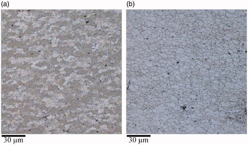 Figure 7. The efiect of PWHT on grain size of nugget center. (a) AW-T3 grain structure, and (b) PSPW-T8 grain structure.