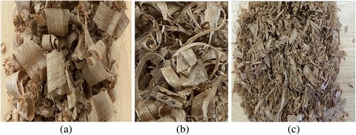 Figure 3. wood shaving packing material description. (a) Wood shaving Continuous Chips (Density =  200 kg/m3), (b) Wood shaving Medium Chips (Density = 500 kg/m3), (c) Wood shaving short Chips (Density =  750 kg/m3).