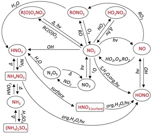 Figure 1. General schematic of oxidized and reduced nitrogen chemistry in the troposphere. Compounds that are most important to daytime and nighttime chemistry are in red and black, respectively