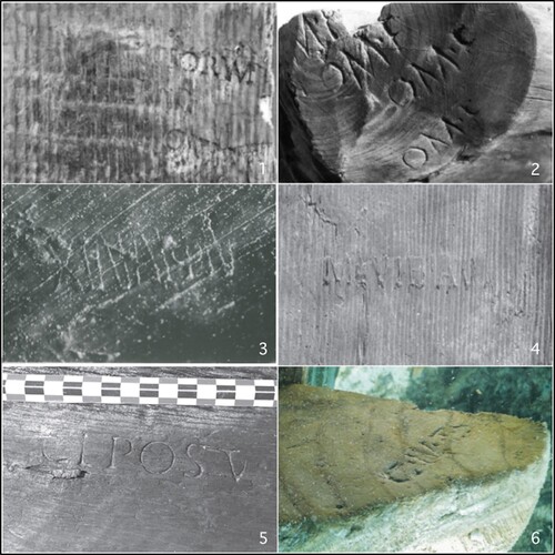 Figure 3. Representative examples of timber marks on Roman shipwrecks: 1. Saint-Gervais 3 (C(ANT)IOR(VM)); 2. Saint-Gervais 3 (Q•M•F); 3. Caesarea shipwreck (ΧΙΛΙαΙΨΙΝ); 4. La Bourse shipwreck (M•VIB•AVXE); 5. The Arles-Rhône 3 shipwreck (C•L•POS(TV)); 6. The Ses Llumetes shipwreck (C•I(VL)•(TELE)S) (Authors, after Raban & Oleson, Citation1989; Liou et al., Citation1990; Tran, Citation2014).