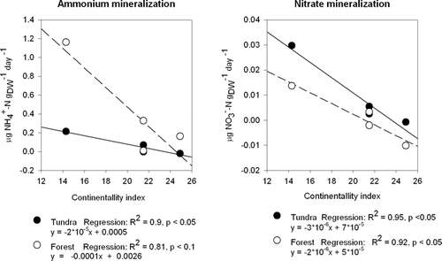 FIGURE 5. Regressions between mean summer N mineralization rates at both forest and tundra sites and the Gorzinski continentality index at the main sites (Dovre fjell, Vassijaure, Abisko, and Joatka). Note that Vassijaure and Abisko share the same continentality index, although they have markedly contrasting precipitation totals: 848 and 304 mm, respectively