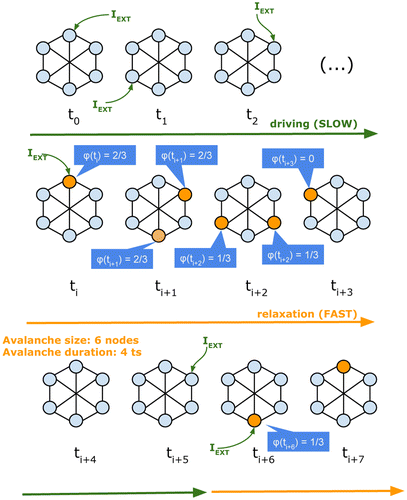 Figure 1. Avalanche dynamics. External inputs drive system when there are no active nodes and are assumed to stop as soon as an avalanche starts. At time ti, a node becomes active and propagates a spike to its out-neighbours. The number of out-neighbours that become active as a result of spike propagation is captured by the node success statistic φ (3). The avalanche ends when all nodes have returned to a state below the firing threshold. The second avalanche may continue after ti+7. The success φ(ti+7) for the only active node at this time step is estimated based on the number of nodes active at ti+8.