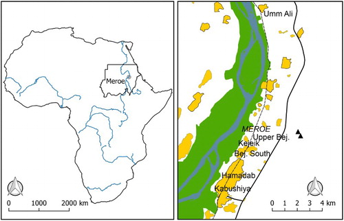 Figure 1. Map showing the location of Meroe in the Republic of the Sudan (left) and the locations of each village within which community engagements were conducted (shown in relation to Meroe, right). Map produced by Frank Stremke.