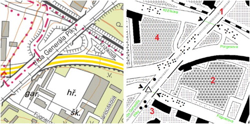 Figure 4. The tram line (1) which had been originally on the side of street (‘třída Generála Píky’) was translated to centre of street. The closed area of school (2) was classified to ‘other built-up area’, the lawn between houses (3) was classified to ‘green area’ and other non-built area (4) was classified to ‘other open area’.