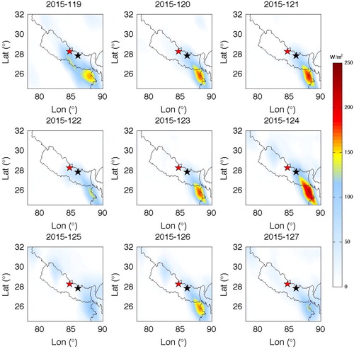 Figure 5. Spatial distribution of SLHF peaks compared to the background years during 119–127 Julian days of 2015, red and black stars are the location of main earthquake and aftershock events, respectively.