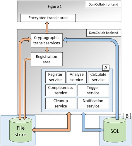 Figure 2. A schematic overview of the backend part of the DcmCollab system. The register-, analyze-, and calculate services (A) all extract different levels of information from the submitted DICOM data and use it to populate the SQL server (B). the completeness service (A) evaluates whether a DICOM image set appears to be complete or if image slices are missing. The trigger service (A) scans the submitted data for features that should trigger actions in the system. The cleanup service (A) removes old data that has been submitted to DcmCollab but has not been assigned to a protocol and disables user permissions to protocols that have not been renewed in a timely fashion. The notification service (A) distributes user notifications to the users of the system via email or text message. Orange arrows represent file access, and blue arrows represent SQL data communication.