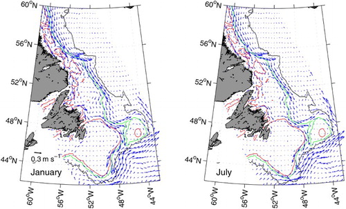 Fig. 3 32-year average model currents at 20 m below the surface in January and July, representing winter and summer. The 200, 1000, and 3000 m isobaths are also depicted in red, green, and black, respectively.