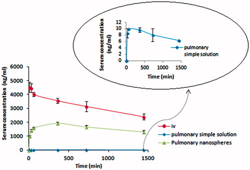 Figure 2. Plasma concentration–time profile of bupropion HCl after pulmonary administration of simple aqueous solution, pulmonary administration of the drug loaded in agar nanospheres, and i.v. administration of simple aqueous solution. In each case the dose of drug was 5 mg/kg.