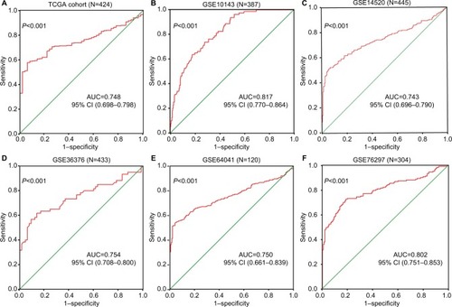 Figure 3 ROC curves for evaluating the diagnostic power of ENO1 in HCC.Notes: (A) TCGA cohort. (B) GSE10143. (C) GSE14520. (D) GSE36376. (E) GSE64041. (F) GSE76297.Abbreviations: AUC, area under the curve; ENO1, enolase-1; HCC, hepatocellular carcinoma; ROC, receiver-operating characteristic; TCGA, The Cancer Genome Atlas.