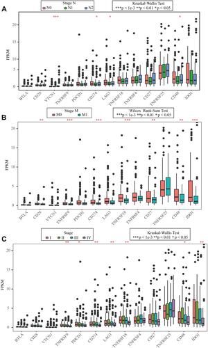 Figure 6 Association between ICGs and clinical features in CRC. (A) the FPKM boxplot of 13 ICGs expressed on N stage; (B) the FPKM boxplot of 13 ICGs expressed on M stage; (C) the FPKM boxplot of 13 ICGs expressed on stage (Data are plotted as mean ± SD. *P<0.05, **P<0.01, ***P<0.001).