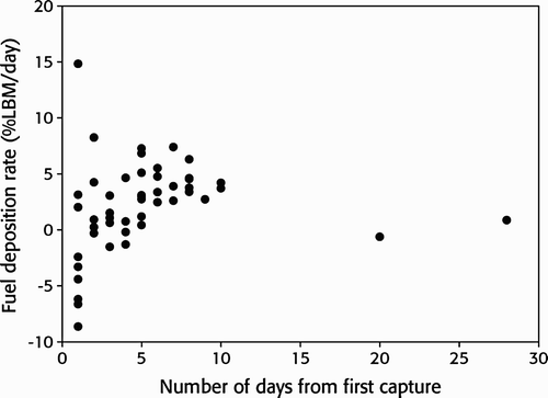 Figure 6. Fuel deposition rate (% of lean body mass (LBM) per day) in relation to the interval between first trapping and last recapture within the same season for Wood Sandpipers Tringa glareola at Ottenby, Sweden, during 1986–2011.