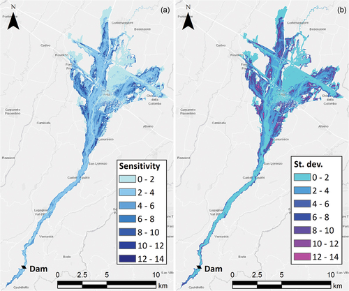 Figure 8. (a) Map showing the global sensitivity of the flood hazard index to the reservoir level (SHHR). (b) Degree of interaction of the reservoir level and breach width on the variability of the flood hazard index with respect to the reservoir level (σSHHR).