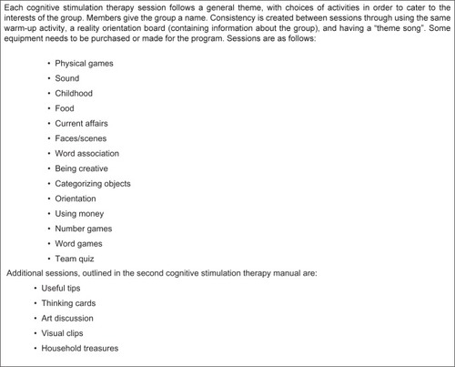 Figure 1 Structure and content of cognitive stimulation therapy sessions.