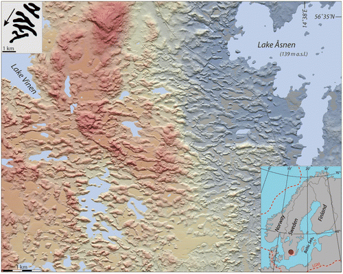 Figure 8. Hill shaded DSM of ribbed moraine in the lake Åsnen area, County of Småland. Colour coding is from ~200 (reddish) to 140 (grey-bluish) m a.s.l. The red dot in the lower right corner of the inset map shows the location of the area in a regional context. The inset frame in the upper left corner shows the most similar-looking planform in the Dunlop and Clark (Citation2006) classification of ribbed moraine, which is “anastomosing ribbed moraine ridges” [redrawn from Figure 17 in Dunlop & Clark (Citation2006)]. LiDAR data provided by Lantmäteriverket, Sweden; ©Lantmäteriverket i212/927.