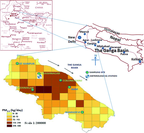 FIG. 1 The Ganga basin, emission inventory of PM2.5 (grid of 2 km × 2 km) and Air quality sampling sites.