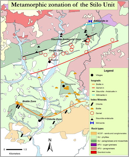 Figure 10. Metamorphic zonation map of the Stilo Unit inferred from index minerals found in studied metapelites assemblages.